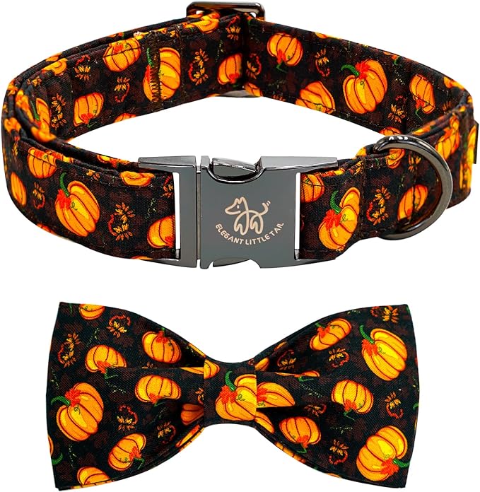 Elegant little tail Fall Dog Collar, Halloween Pet Collars with Bow Cute Pumpkin Print Puppy Collar Female or Male Cotton Adjustable Collars for Small Medium Large Dogs