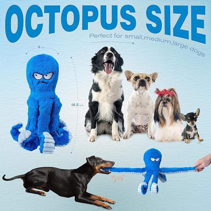 LEGEND SANDY Tough Dog Toys, Stuffed Chew Large Dog Toys to Keep Them Busy, Interactive Squeaky Tug of War Doggie Toy, Crinkle Blue Octopus (Blue Octopus 2p)