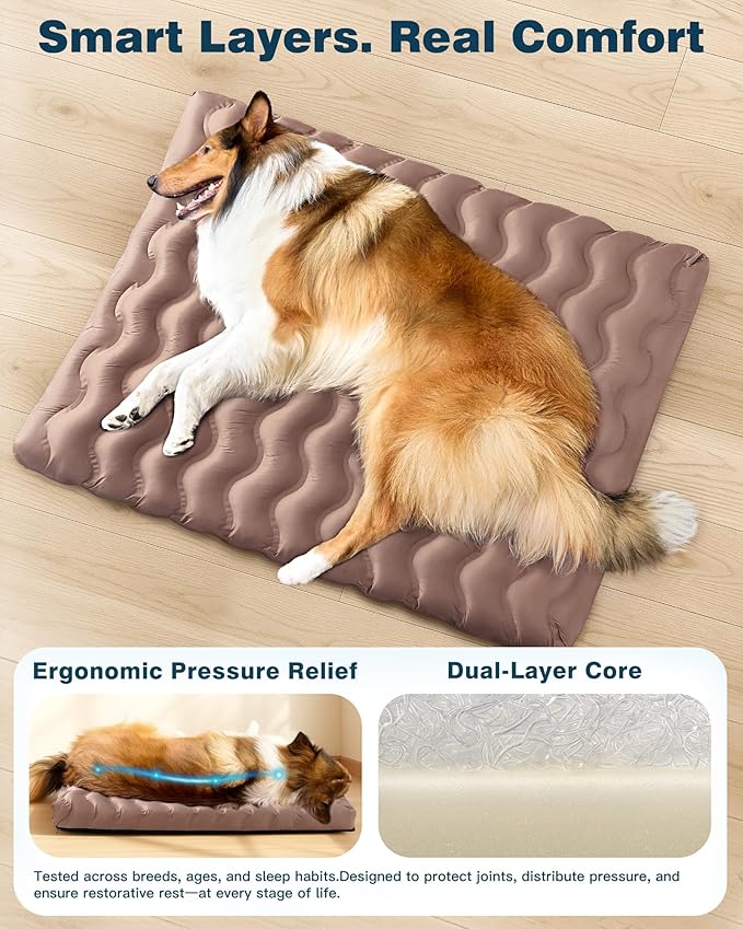 Orthopedic Dog Bed Outdoor Waterproof Dogs Crate Bed for Large Medium Small Dogs, Washable Cooling Dog Bed Mat with Removeable Cover & Memory Foam（36" x 27", Beige