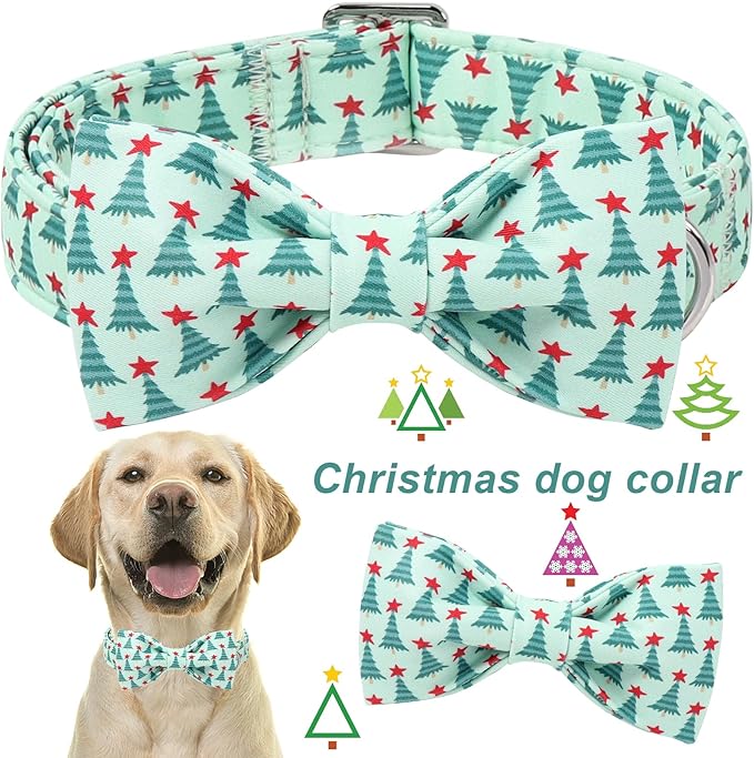 ARING PET Christmas Dog Collar with Bow, Cute Xmas Green Christmas Tree Bowtie Pet Collars for Puppy Small Medium Large Girl Boy Dogs-M
