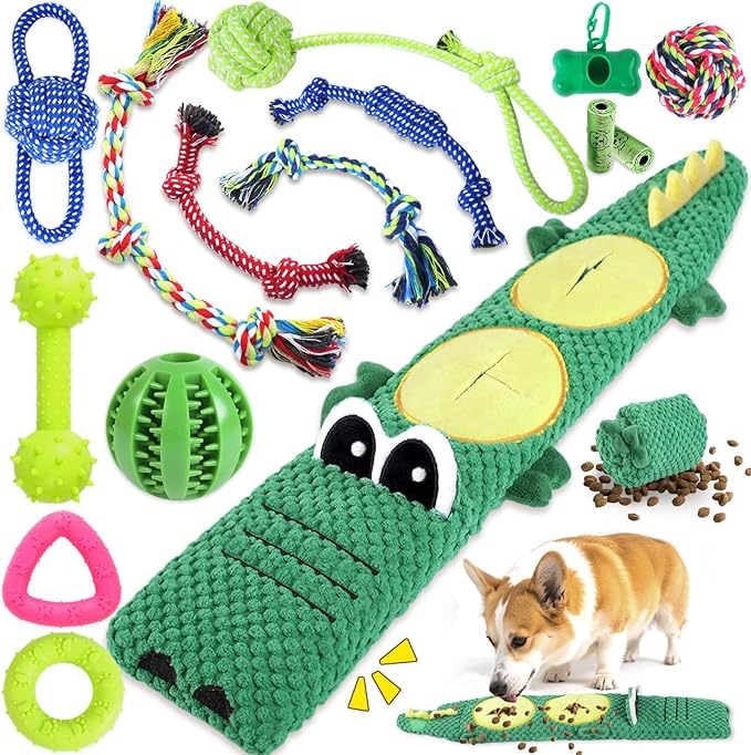 15 Pack Puppy Chew Toys for Teething, No Stuffing Squeaky Dog Toys Interactive Puzzle Toy, Dog Enrichment Toy Bundle with Tough Ropes, Treat Balls for Small Medium Large Dog to Keep Them Busy