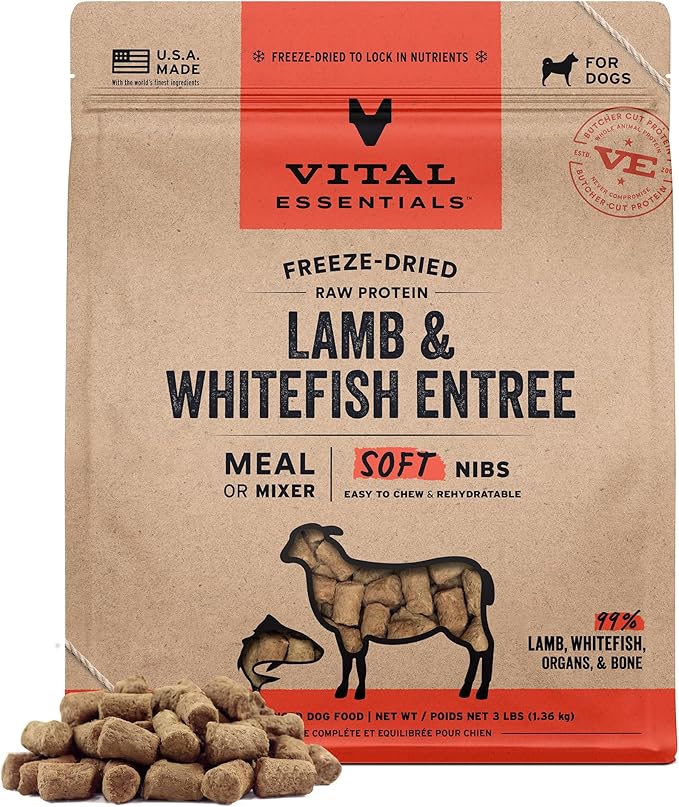 Vital Essentials Freeze Dried Dog Food, Raw Lamb & Whitefish Soft Nibs | Complete Meal or Mixer | 99% Lamb, Whitefish, Organs & Bone | 3 lbs Big Bag
