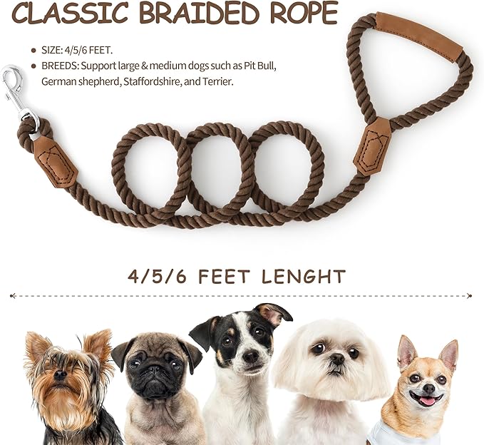 Mile High Life Dog Leash, Braided Cotton Rope Leashes with Leather Handle - Heavy Duty Metal Clasp, 6FT, 1/2" Thick - Wedding, Walking & Training Leash for Small Medium Large Dogs (Dark Brown)