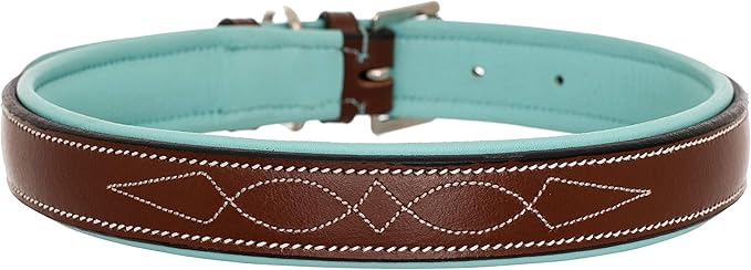 Exion Geniun Leather Dog Collar Designer Stitched Soft Leather Padded- Suitable for Small Medium Large X-Large Dogs for Walking Running- Oak Brown with Sky Blue Padding