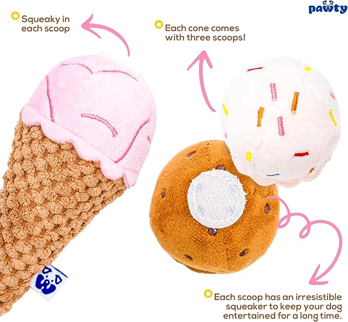 Ice Cream Cone Toy - Plush Interactive Food Shaped Parody Toy with Squeaker - Fetch Cute Chew Toy - Cute Dog Gifts for Favorite Dog Birthday