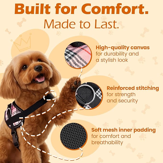 Bark Appeal Pink Plaid No-Pull Dog Harness for Large to Extra Large Sized Pets – Adjustable, Reflective Vest with 3 Leash Clips for Added Control, Easy Walks & Training – XL
