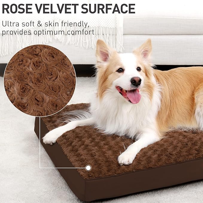 Dog Crate Bed Waterproof Jumbo Dog Beds for Extra Large Pets Rose Velvet Soft Fluffy Washable with Removable Cover & Anti-Slip Bottom, 53 x 36 Inch, Brown