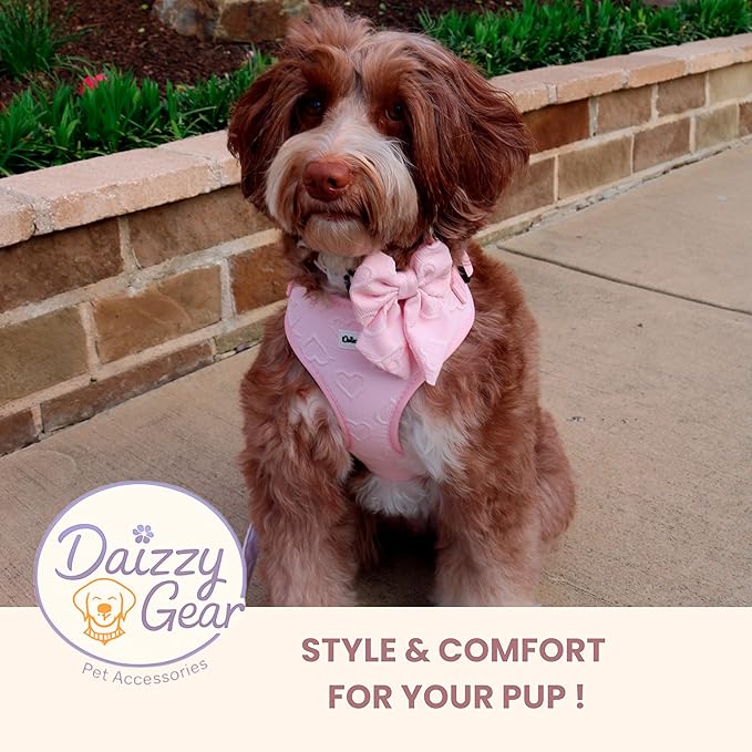 Medium Dog Harness Set – Cute No Pull, All Weather, Breathable Harness and Leash Set with Collar, Bandana, Sailor Bow & Poop Bag Holder – Adjustable, Soft & Stylish – Pink Hearts on Jacquard Fabric