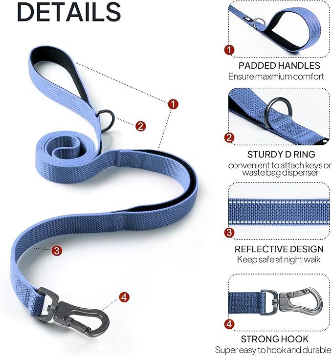 TwoEar 4FT 1IN Strong Dark Blue Dog Leash with 2 Padded Handles, Traffic Handle Extra Control, Comfortable Soft Dual Handle, Auto Lock Hook, Reflective Walking Lead for Small Medium and Large Dogs