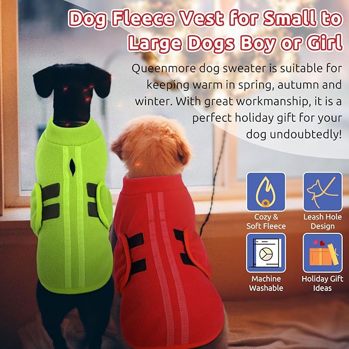 Queenmore XL Dog Sweaters, Soft Fleece Vest Pullover Dog Jacket with Leash Hole, Warm Winter Dog Clothes Cold Weather Doggy Dachshund Sweater for Large Dogs Cats Boy or Girl (Red, XL)