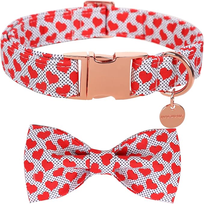DOGWONG Valentine's Dog Collar with Bowtie - Red Heart Adjustable Cotton Heart Dog Collar - Perfect for Small, Medium, Large Dogs