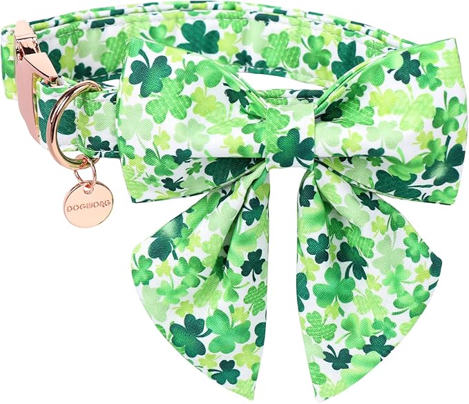 DOGWONG St. Patrick's Day Dog Collar-Cute Clovers Dog Collar with Bow, Cotton Trefoil Bowtie Dog Collars with Metal Buckle for Small Medium Large Dogs