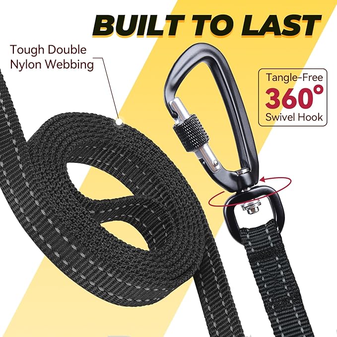 VIVAGLORY Dog Leash Lighthook Double Handle Dog Leash with Traffic Handle & Locking Carabiner for Walking & Training, Traffic Control Lightweight Carabiner for Puppy Pet, 5ft x 1/2in, Black