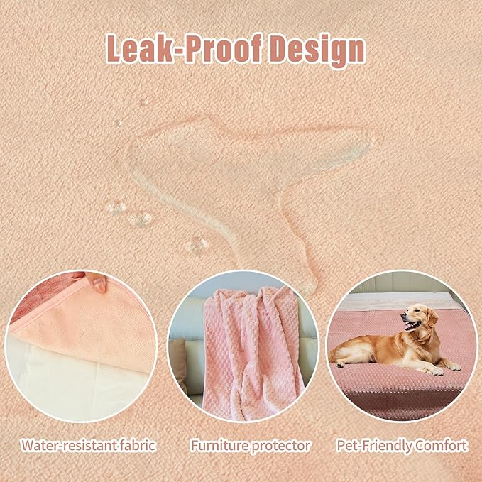 Water Resistant Blanket for Bed, 80"x90" Leakproof & Pet Friendly - King Size Waterproof Blanket, Reversible Large Water Resistant Throw (Peachy Pink/Peach Cream)