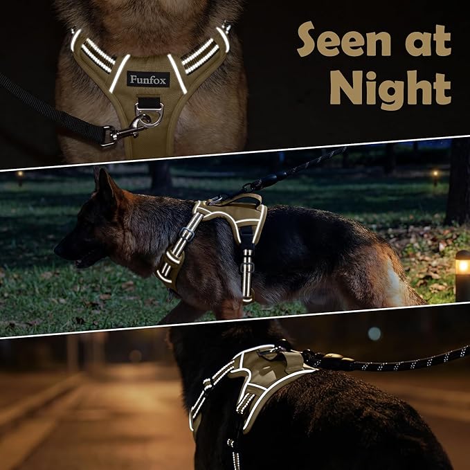 Funfox Dog Harness No Pull, Adjustable Pet Vest Harness, Super Soft Material with Vertical Handle Easy Control, Reflective Night Walking, 2 Leash Clips for Large Dogs, Brown, L
