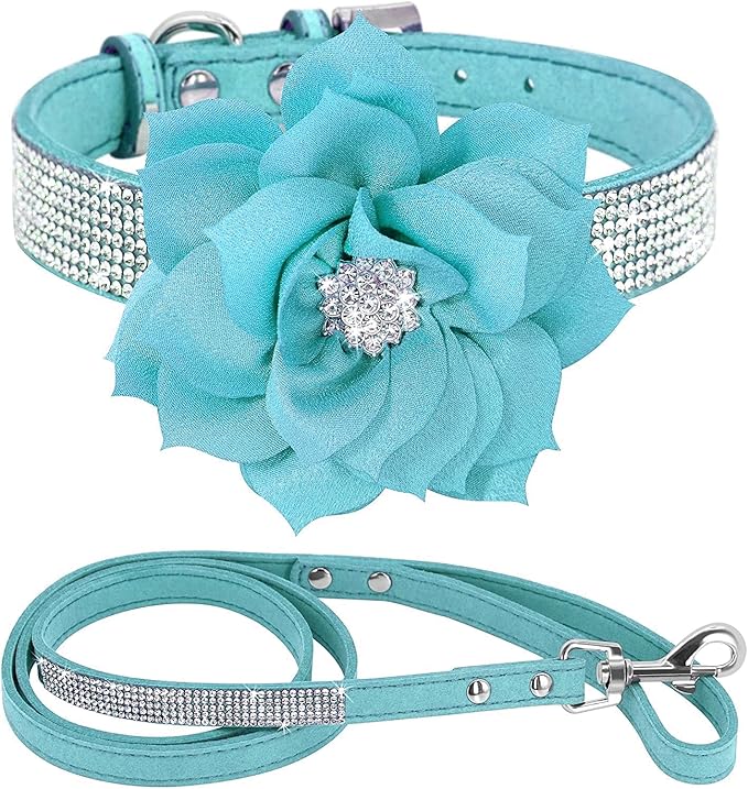 Cute Dazzling Sparkling Elegant Fancy Soft Suede Leather Bling Rhinestone Crystal Jeweled Pet Cat Dog Puppy Collar Dog Leash Combo Set (S(Neck 10-12.5"), Blue-6)