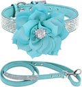 Cute Dazzling Sparkling Elegant Fancy Soft Suede Leather Bling Rhinestone Crystal Jeweled Pet Cat Dog Puppy Collar Dog Leash Combo Set (S(Neck 10-12.5"), Blue-6)
