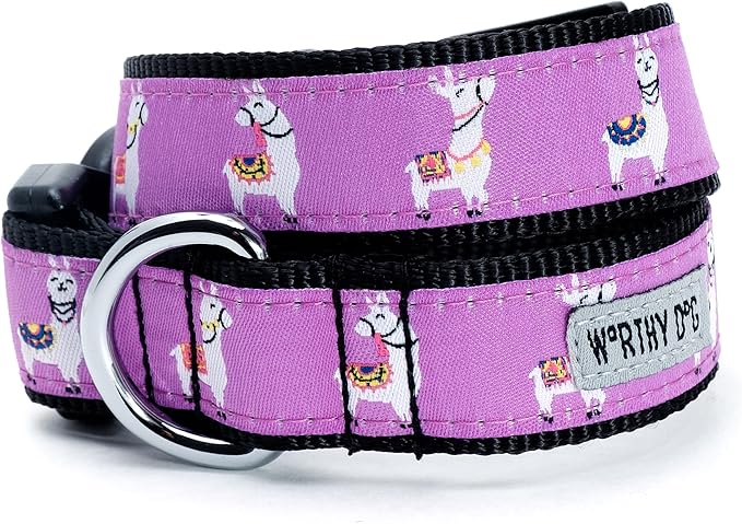 THE WORTHY DOG Collar for Medium Dogs, Adjusts 12-18 inches, Durable Nylon Webbing, Quick Release Buckle, Llamas Pattern, Purple, Medium