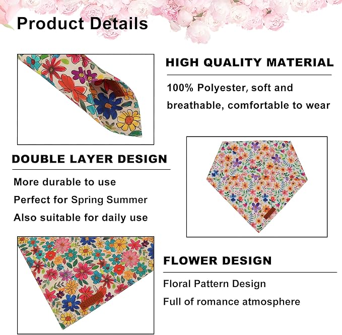 ADOGGYGO Floral Dog Bandanas, Colorful Flower Pet Scarf, Multi Size, Spring Summer Floral Bandanas for Small Dogs Puppies (Small)