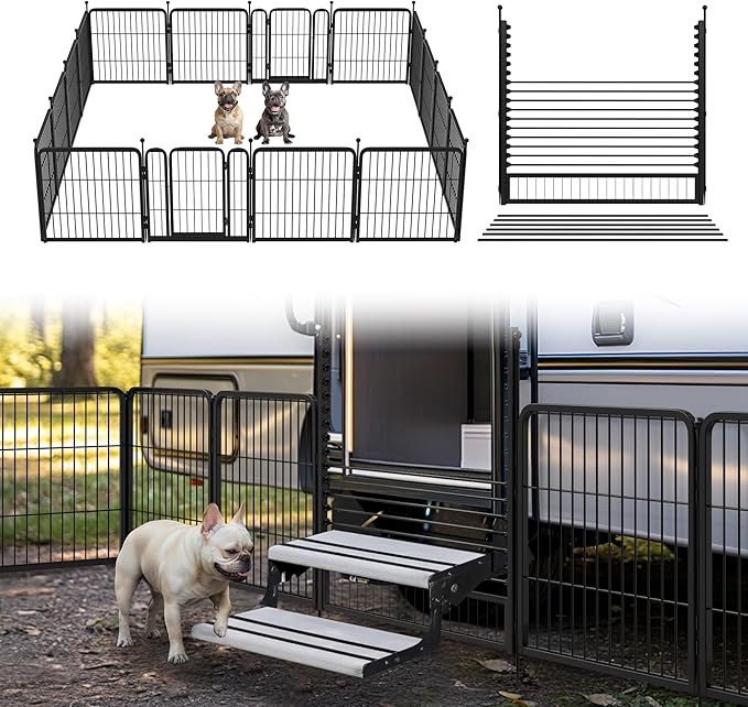 FXW Rollick Unleashed Dog Playpen for Indoor, Yard, RV Camping, 24 inch 16 Panels Dog Pen with RV Step Grid for Small and Puppy Dogs, Black│Patented