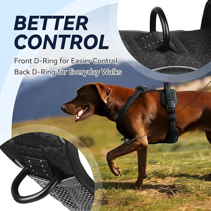 VIVAGLORY Dog Harness Easewalk No Pull Dog Harness with Handle Front Clip & Back Clip for Training Walking Lifting, No Pull Adjustable Easy On Padded Comfortable for Pet, M, Black - Patterned