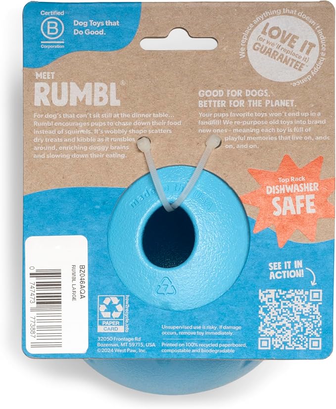 WEST PAW Zogoflex Rumbl Treat-Dispensing Dog Toy – Interactive Slow-Feeder Chew Toys for Dogs – Dog Enrichment Toy – Dog Toy for Moderate Chewers, Fetch, Catch – Holds Kibble Treats (Aqua Blue, Small)