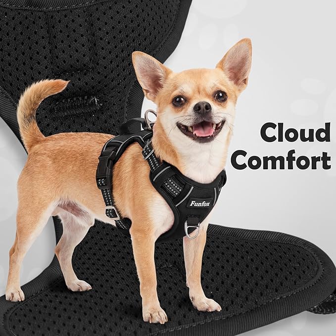 Funfox Dog Harness Small Sized Dog, Vertical Handle Easy Control, No Pull Pet Vest Adjustable with 2 Leash Clips, Soft Material, Reflective Safe Night Walking for Small Medium Large Breed, Black, S