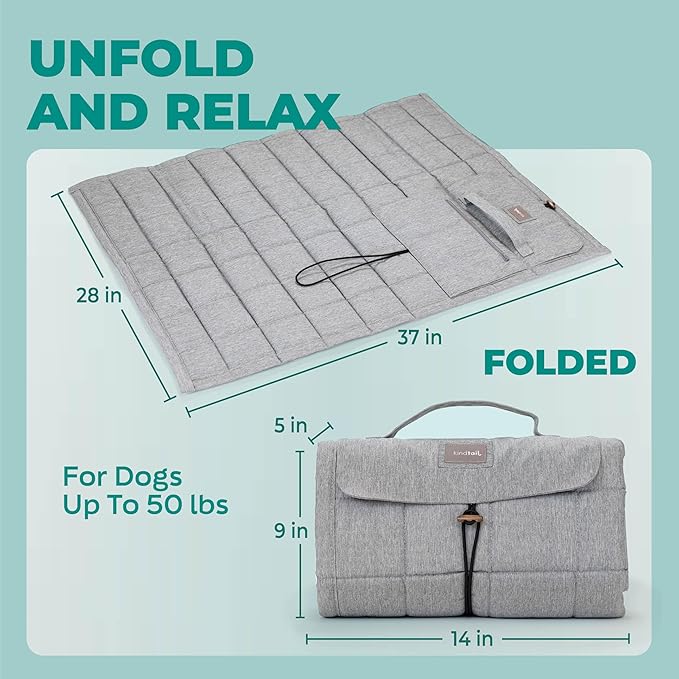 KindTail Nomad Nap Mat - Travel Dog Bed - Machine Washable, Water-Resistant Dog Mat for Pets up to 50 lbs - Lightweight, Portable Pet Bed with Carry Handle - Folds to 14 x 9 x 5 (1.5 lbs, Light Grey)