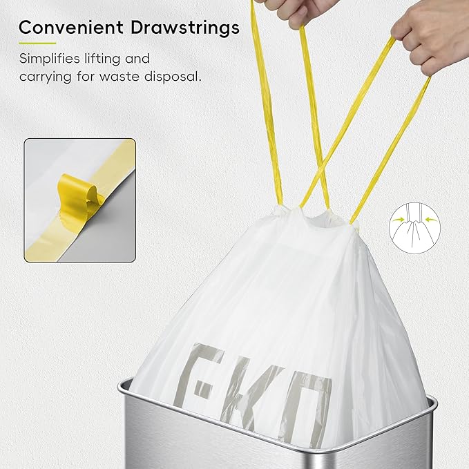 EKO 12.9 Gallon / 45-49 Liter, 110 Count Drawstring Trash Bags, Extra-Strong Unscented Garbage Bags, Easy-Dispense Roll for Kitchen & Household Use, Resists Tears, Leaks and Punctures, Code J, White