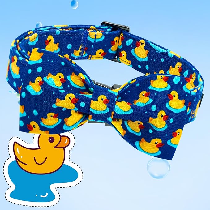 Lionheart glory Dog Bow Collar Ducky Pattern Cute Boy Collars for X-Small Dogs,Soft Duty Adjustable Dog Collar with Bowtie Spring Summer Puppy Collars Bows Pet Gift