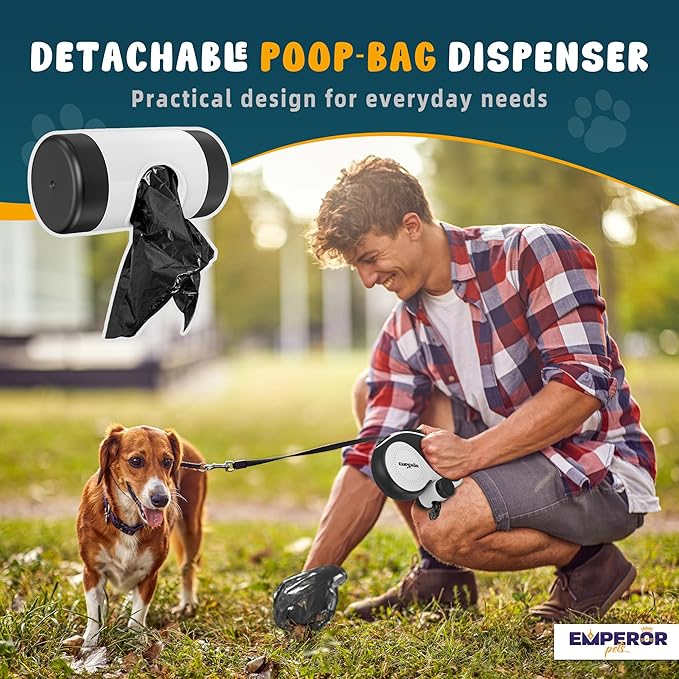 Emperor Pets 16 ft Retractable Dog Leash White - Heavy Duty Retractable Pet Leash with Anti-Slip Grip for Medium to Large Dogs up to 110 lbs -Aura BW16