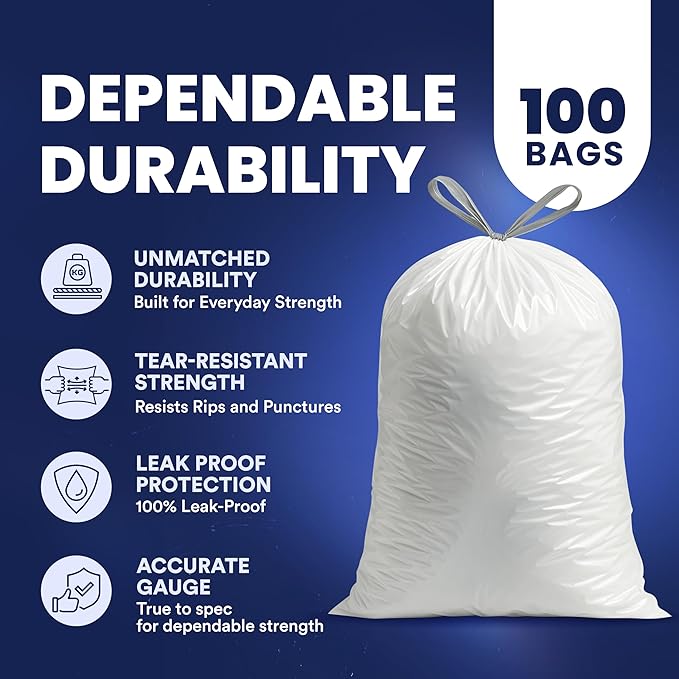 Plasticplace 5 Gallon Trash Bags - White Drawstring Garbage Bag Liners, 19" x 25" (100 Count) – Durable, Leak-Proof, Multi-Purpose Tall Kitchen, Bathroom, Office and Car TrashBags Plastic Bags 0.9 Mil