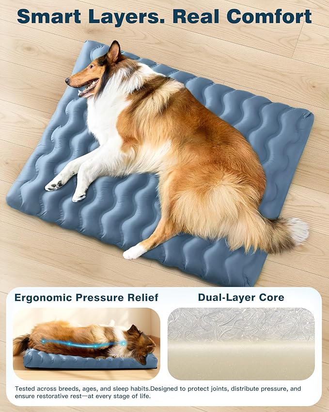 Orthopedic Dog Bed Outdoor Waterproof Dogs Crate Bed for Large Medium Small Dogs, Washable Cooling Dog Bed Mat with Removeable Cover & Memory Foam（30" x 20", Blue