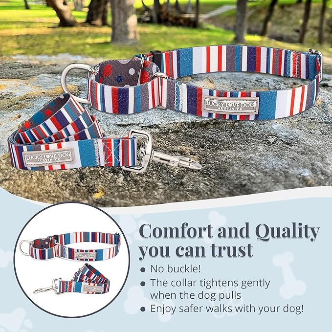 Lucky Love Dog Martingale Dog Collar & Leash - Adjustable, No-Slip, Durable, Comfortable, Soft Webbing, & Stylish Patterned Dog Collar & Leash Set for Male and Female Dogs - Linus Combo, Small