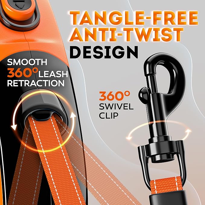 Retractable Dog Leash 18.2 ft – Chew Proof Cable Included – 360° Tangle-Free Design – Heavy Duty Reflective Leash – Soft Anti-Slip Grip Outdoor for Small Medium & Large Dogs up to 110 lbs (Orange)