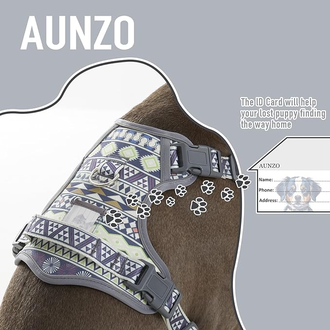 Small Dog No Pull Dog Harness, Pet Harness with ID Card Reflective Strip Soft Padded Handle, Adjustable Vest Harness for Walking Hiking Training, Geometric Pattern, Beagle, Gray Ethnic, S