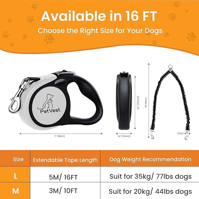 Dual Retractable Dog Leash – 16 FT Tangle-Free Leash for 2 Dogs, Detachable for Single Use, One-Button Brake & Lock, Up to 77 lbs Each, 360° Swivel, Non-Slip Handle + Poop Bag Holder