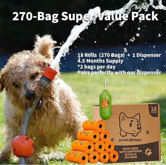 Dog Poop Bags With Dispenser, Strong and Leak-proof Waste Bags for Pets, Floral Scented, 270 Count (18 Packs of 15), 13 Inch x 9 Inch (Orange)