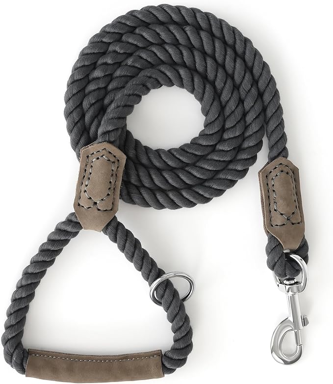 Mile High Life Dog Leash, Braided Cotton Rope Leashes with Leather Handle - Heavy Duty Metal Clasp, 4FT, 1/2" Thick - Wedding, Walking & Training Leash for Small Medium Large Dogs (Gray)