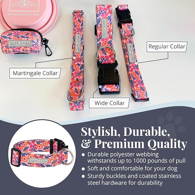 Lucky Love Dog Wide Dog Collar - Adjustable, Durable, Soft Webbing, & Comfortable 1.5 inch Wide Collar with Strong Buckle for Dogs Male and Female with Strong Buckle - Rosie, Large