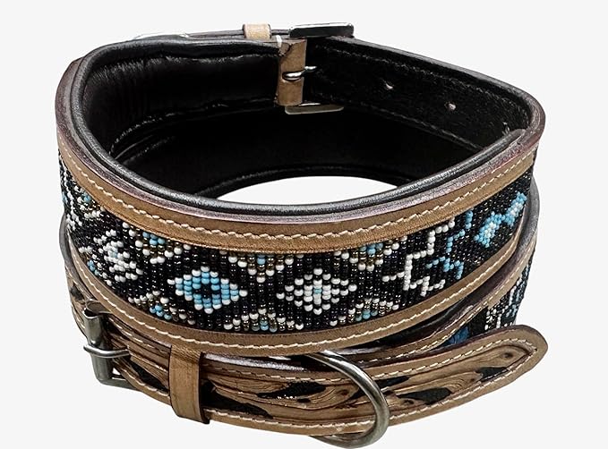 Majestic Ally Padded Leather Dog Collar, Multi-Color Beaded Diamond Design, Handcrafted (Large, Diamond Beadwork)