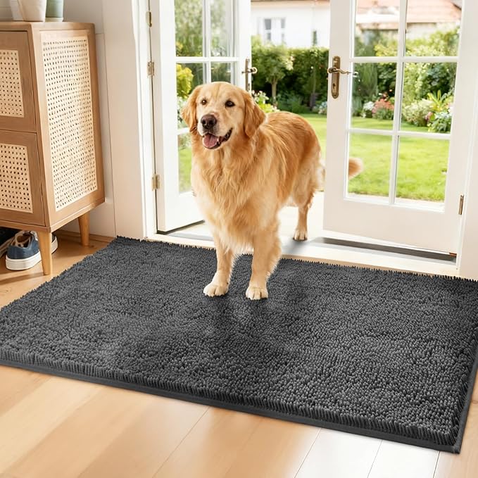 Chenille Absorbent Front Door Mat 48" x 36", Dog Door Mat for Muddy Paws, Trap Dirt Doormat, Mud Mat for Dogs, Washable Non Slip Outdoor Indoor Doormats for Entryway, Grey
