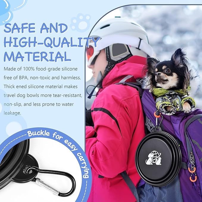 Portable Dog Bowls 2 Pack - Collapsible Silicone Travel Dog Bowls for Small, Medium & Large Dogs, Foldable Outdoor Bowl with Clip, Lightweight for Hiking Camping Backpacking（Small）
