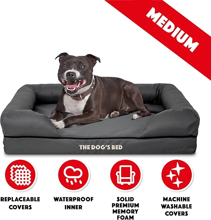 The Dog’s Bed Orthopedic Memory Foam Dog Bed with Bolsters, Oxford Fabric, Grey with Black Trim, Medium