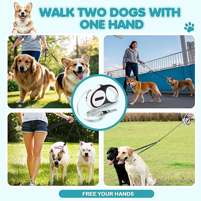 Double Retractable Dog Leash for 2 Small Dogs (Up to 66 Lbs Each), 2 Headed Pet Leash with Poop Bags and Rechargeable LED Light - Tangle-Free Swivel - One Button Break & Lock (White, Medium)
