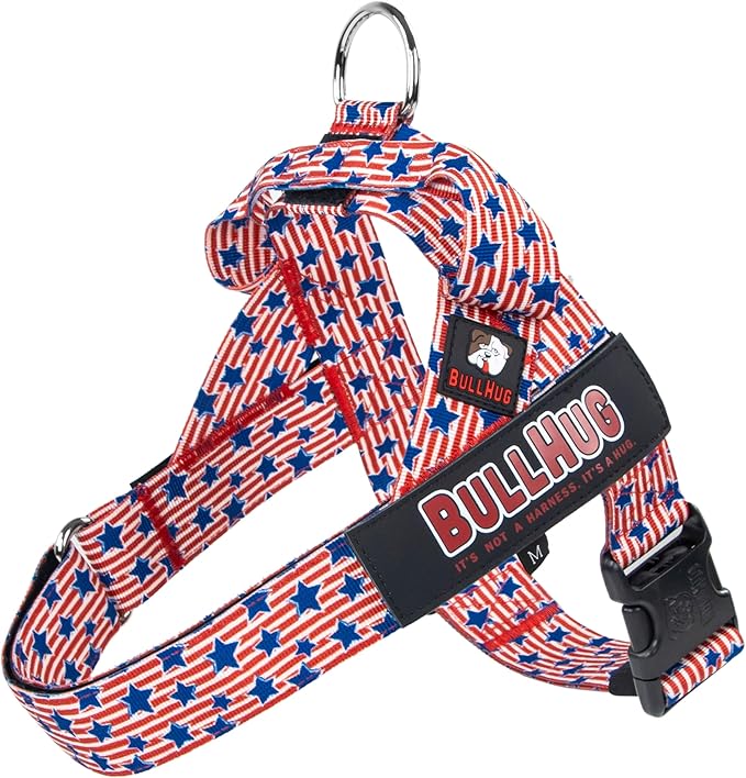 BULLHUG Adjustable Dog Harness– No Pull, No Choke – for English Bulldogs, French Bulldogs, Pugs & Broad-Chested Breeds – Easy, Safe Walks (Stars & Strips, Large)