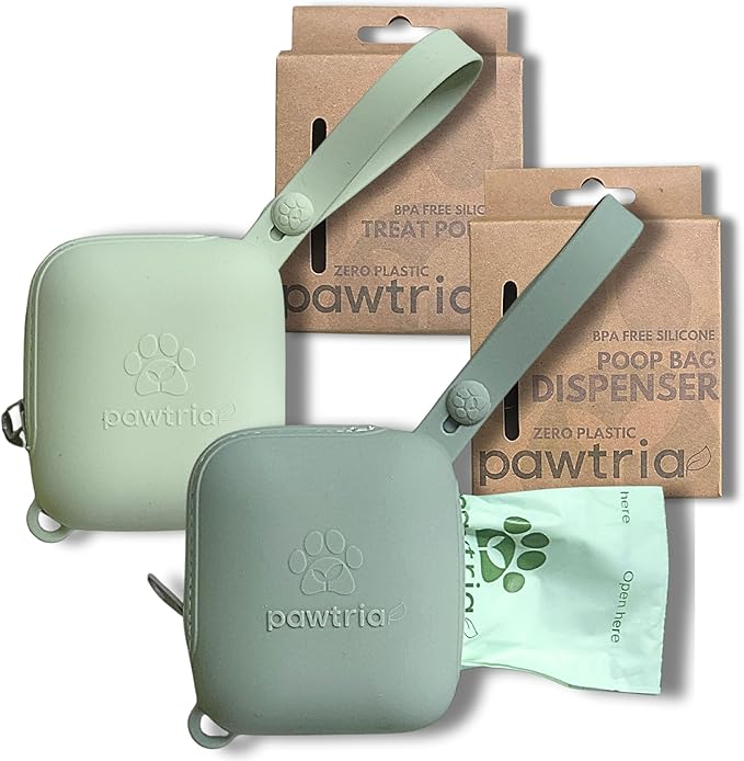 Premium Silicone Dog Walking Duo Set – BPA-Free Silicone Poop Bag Holder + Small Treat Pouch – Zero Plastic, Durable, Dishwasher Safe, with 1 Roll of Pawtria Dog Poop Bags – Green