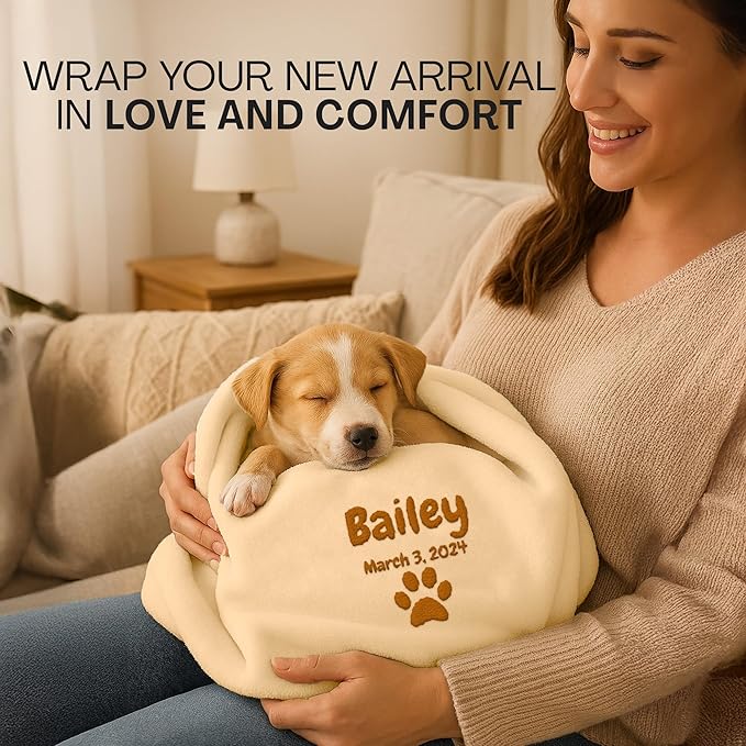 Personalized Puppy Blanket – Custom Embroidered Dog Blanket with Name & Birth Date – Soft New Puppy Gift – Keepsake for Dog Lovers, Pup Moms & New Pet Owners - Cream