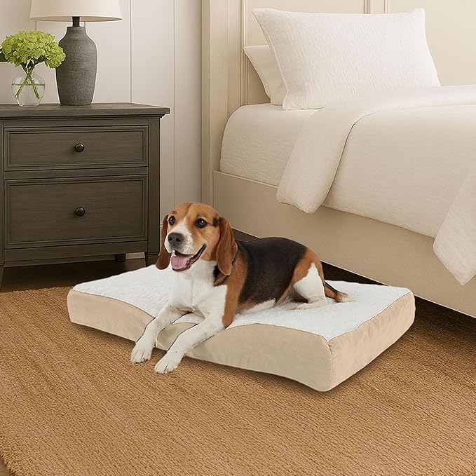 Orthopedic Dog Bed - 2-Layer Memory Foam Crate Mat with Machine Washable Sherpa Cover - 30x20.5 Pet Bed for Medium Dogs Up to 45lbs by PETMAKER (Tan)