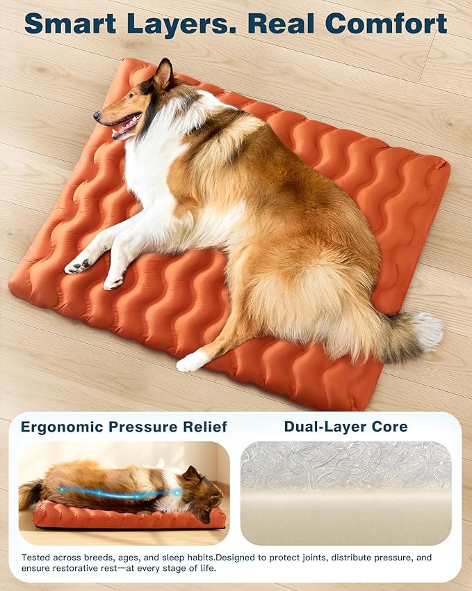 Orthopedic Dog Bed Outdoor Waterproof Dogs Crate Bed for Large Medium Small Dogs, Washable Cooling Dog Bed Mat with Removeable Cover & Memory Foam（30" x 20", Brown